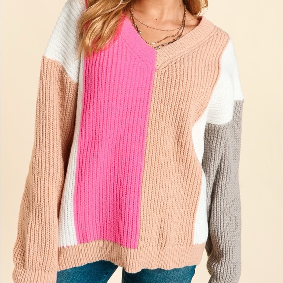 Color Block Knit V-Neck Pullover Relaxed Fit Sweater, Pink/Gray/Tan/White, S-M-L - Picture 2 of 10